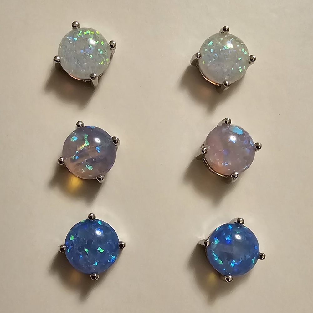 3 pairs, Pink, Blue, & White Lab Created Opal Studs, 6mm wide, 925 Silver,NWT